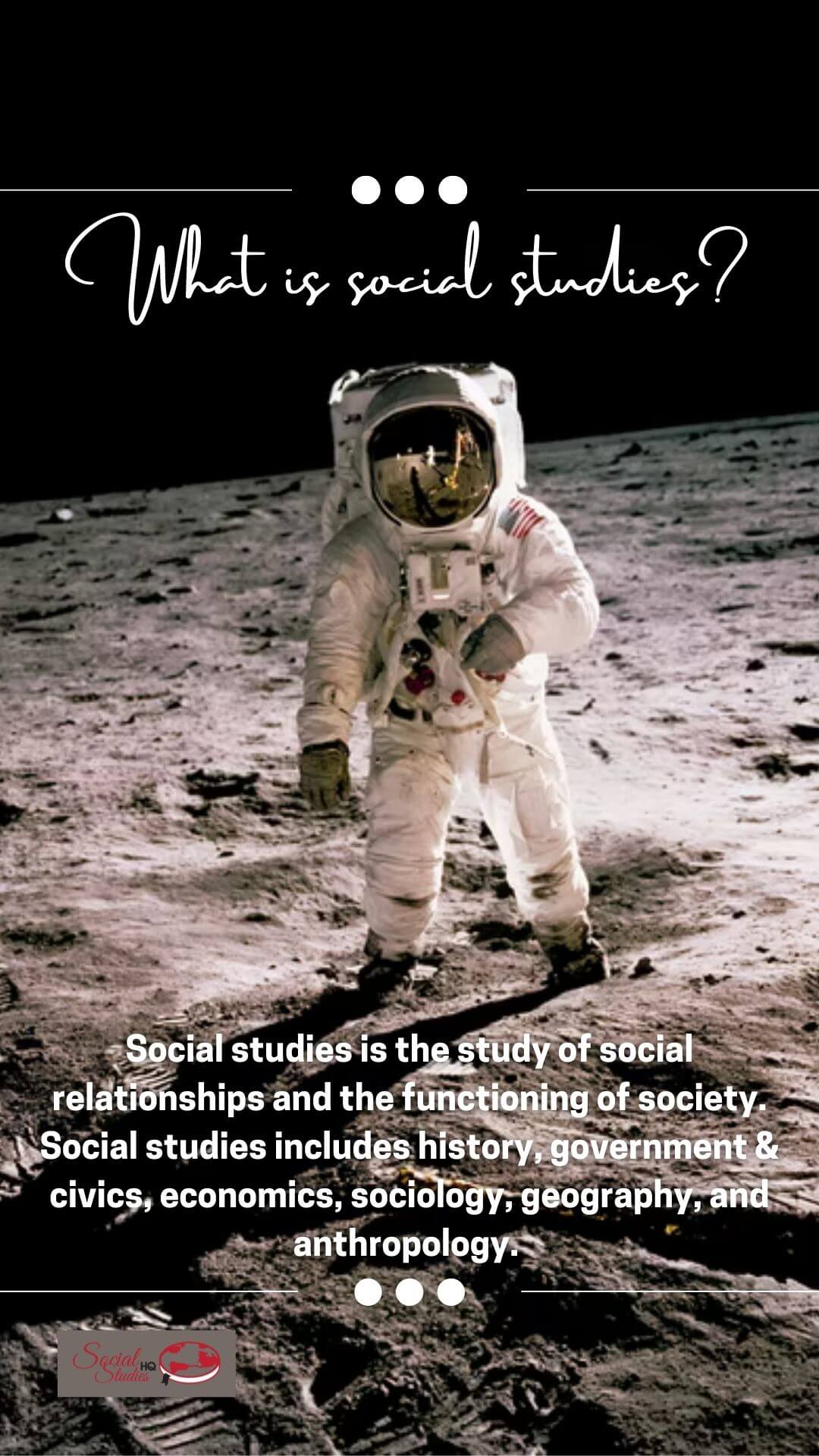 What is social studies? Picture of a man in a spacesuit standing on the moon.